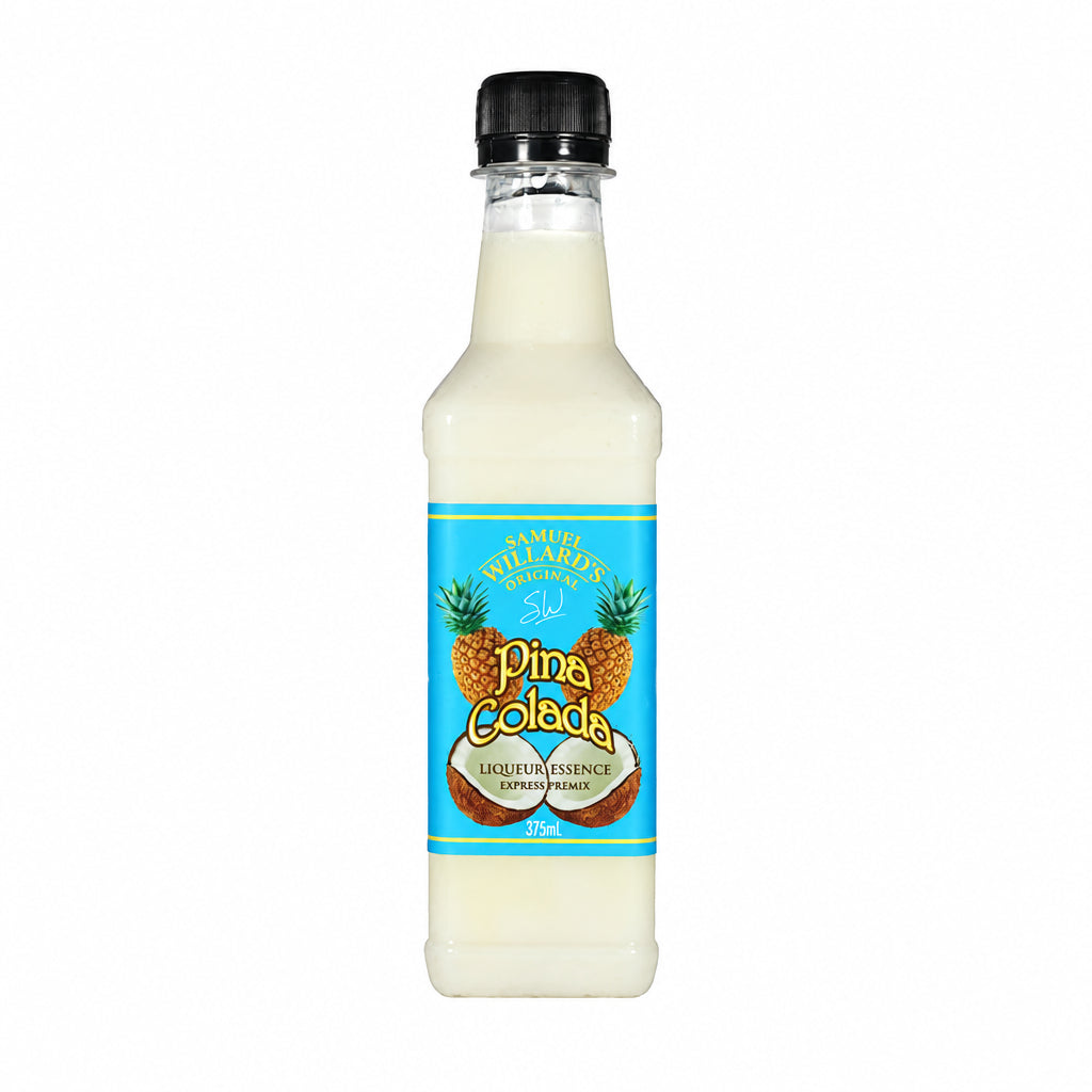 A bottle of Samuel Willard's Pina Colada premix with a label showing the drink's name and a pineapple graphic.